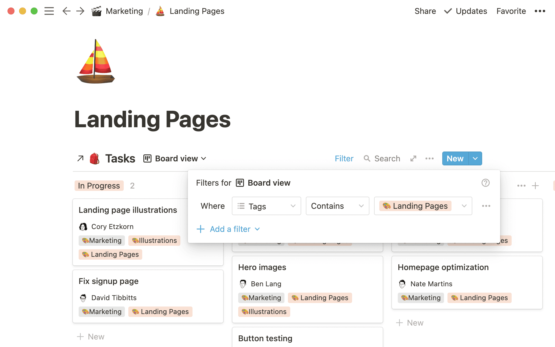 Marketing will link a view of the tasks database with projects specific to their team.