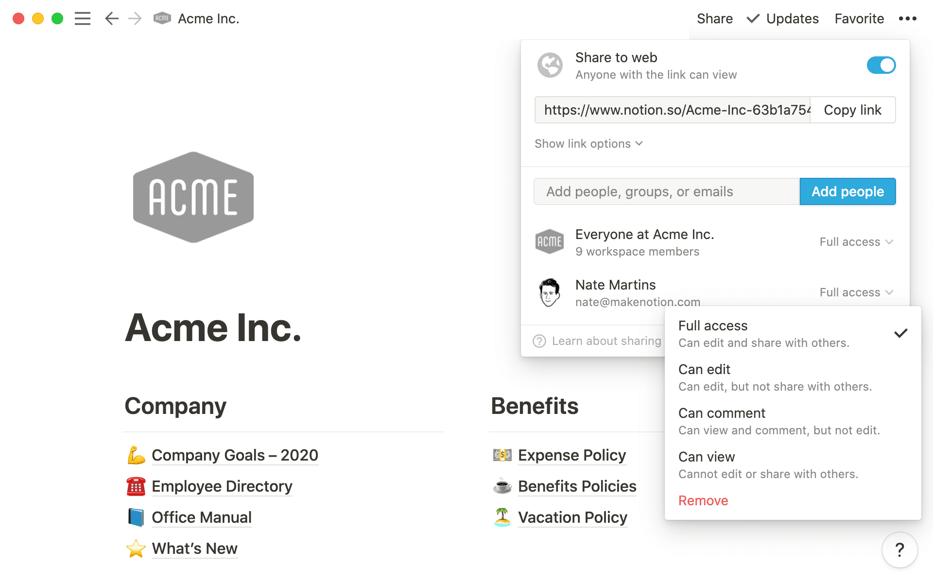 The different levels of access you can give any page.
