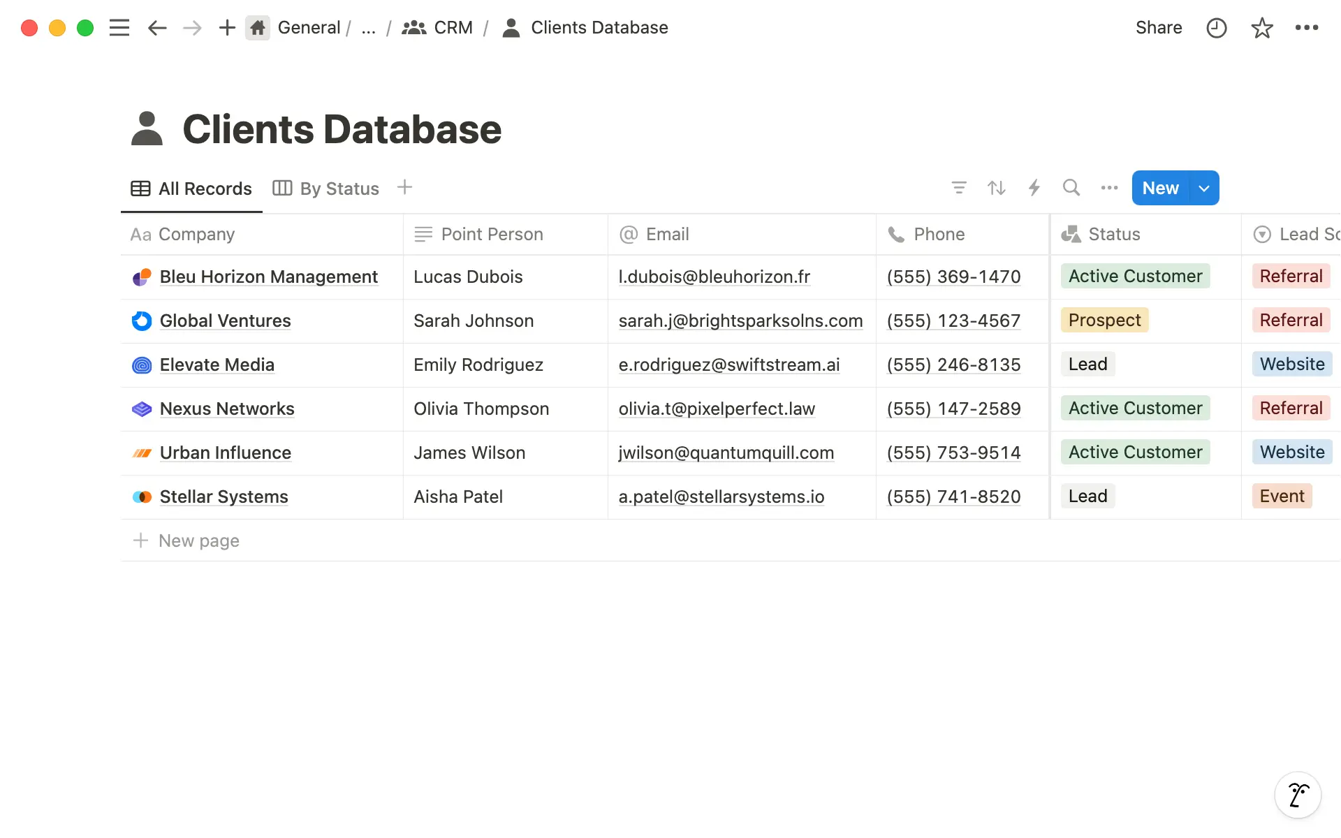 Organize client details in a structured table.