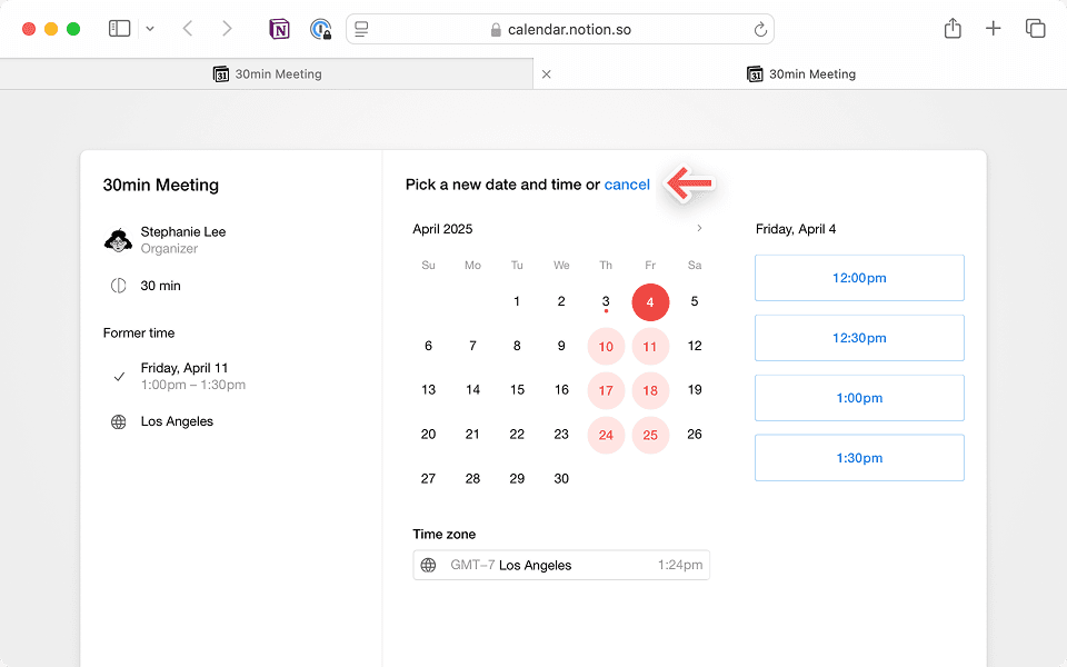 Click the link in your email calendar invite to reschedule or cancel.