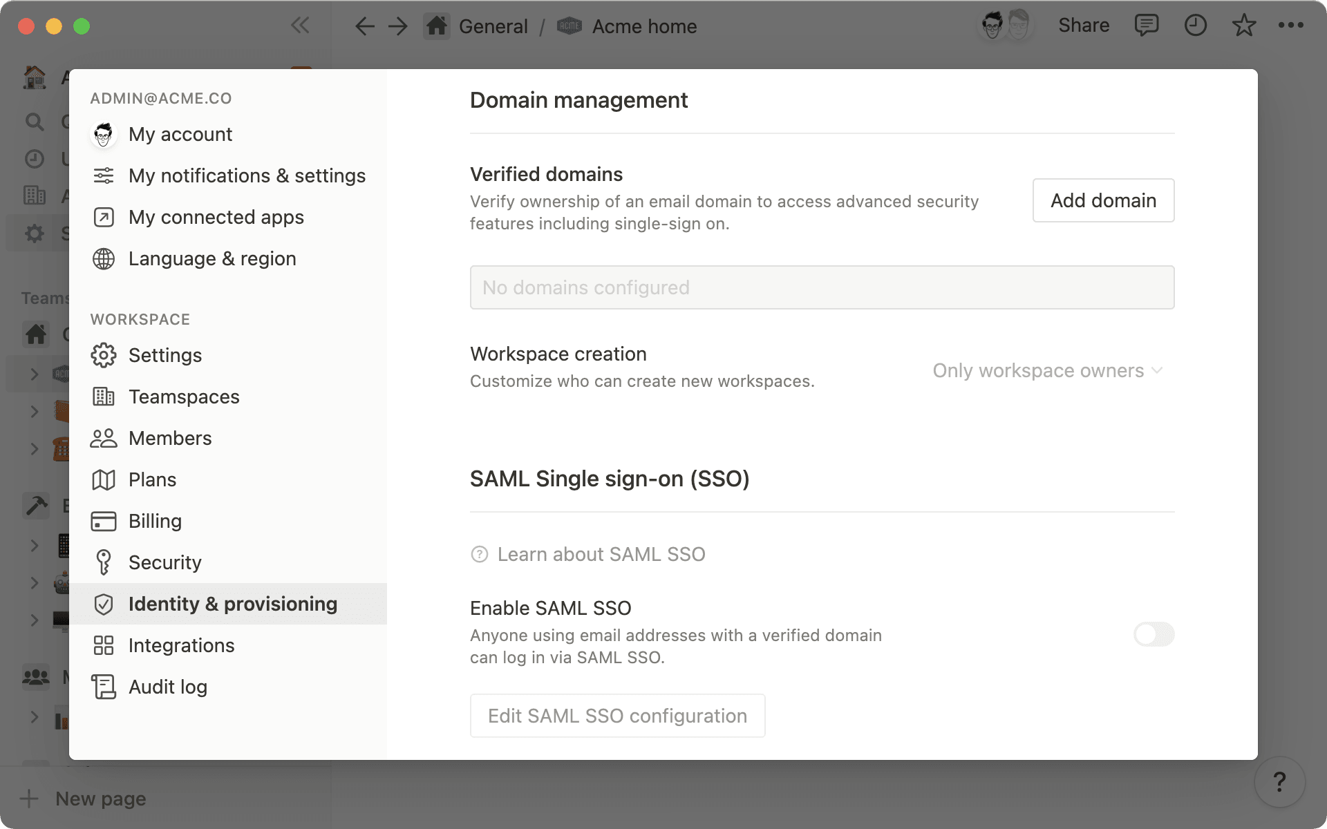 A screenshot of Notion's settings, showing configuration for Domain management and SAML SSO.
