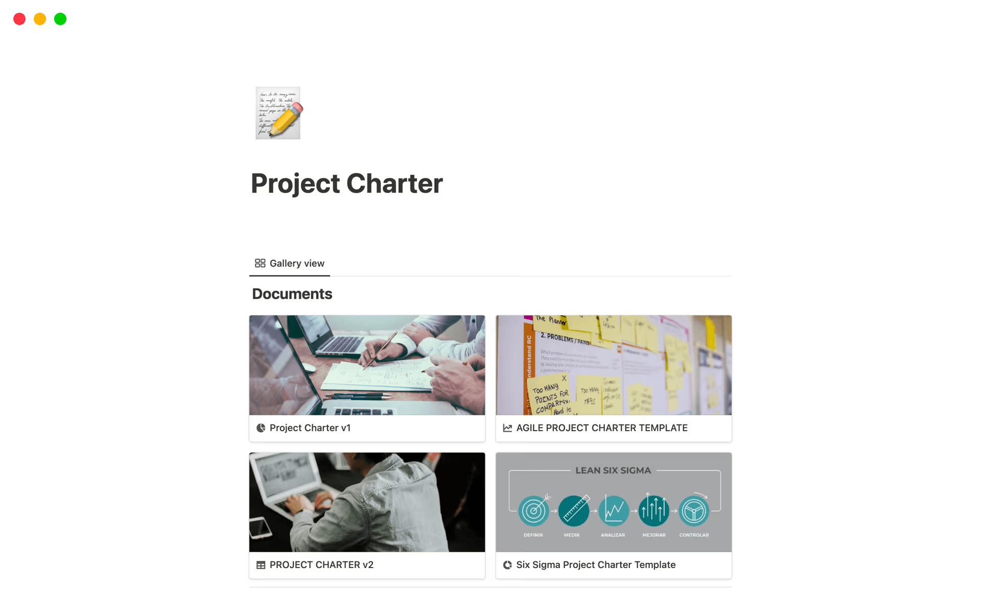 Notion’s project charter template, which shows a gallery view of various charter templates