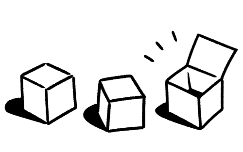 黑白線條風格的簡約插圖,描繪兩個緊閉的盒子和一個打開的盒子。