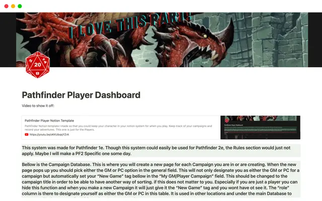 Pathfinder Player Dashboard